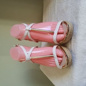 Wild Diva Jute Wedge Sandal With Faux White Leather Gold Bar Ankle Strap 7.5